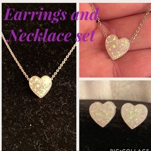 SILVER TONE WHITE ACRYLIC HEART NECKLACE SET